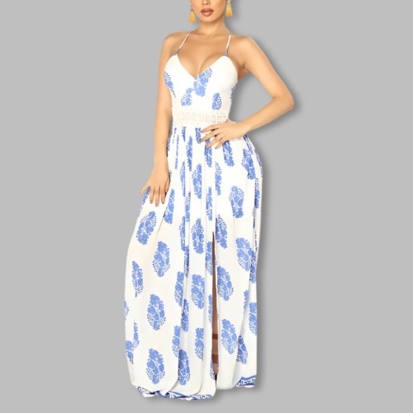 Fashion Nova Dresses & Skirts - Fashion Nova Holy Slit Maxi Sundress Embroidered Waist Ivory/Royal Women's US 2X